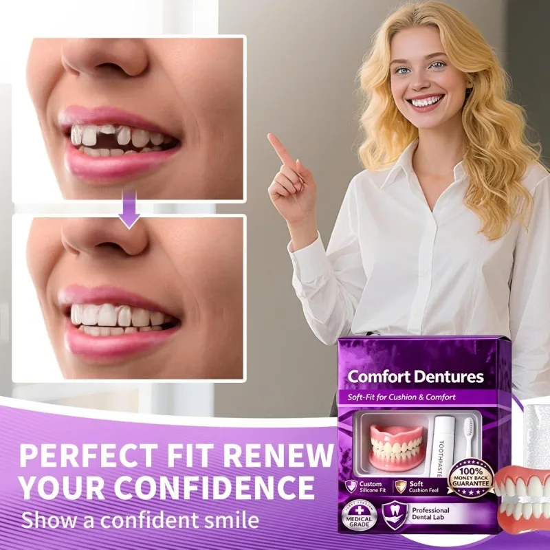 Full Set Natural Dentures Upper & Lower Silicone Fake Teeth Braces Comfort Fit Instant Smile Oral Care for Men Women