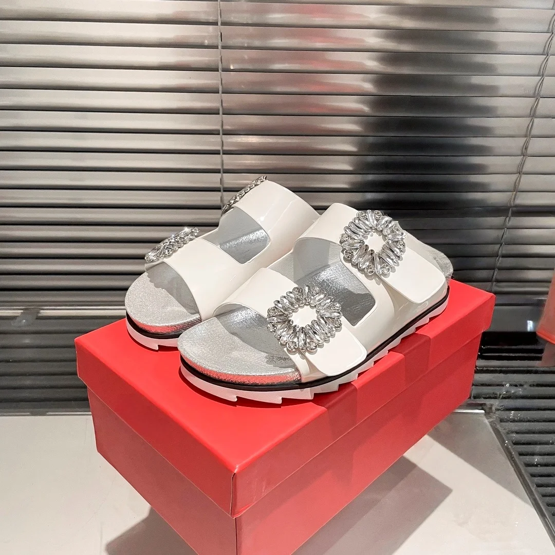 شباشب نسائية صيفية بإبزيم مربع ونعل سميك مع صنادل مسطحة وعصرية، شباشب نسائية من حجر الراين