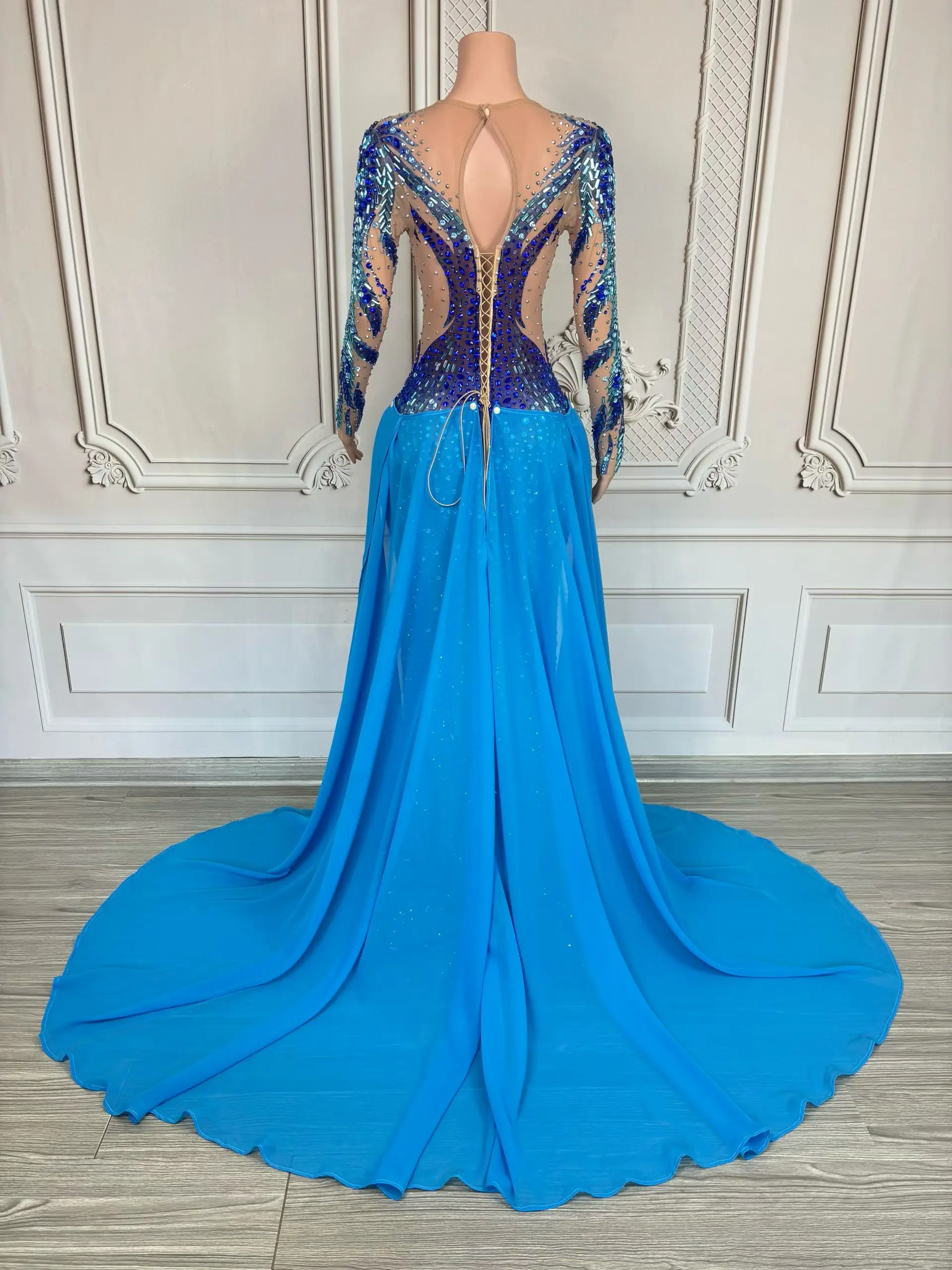 

Kuyedie Fashion Women Party Evening Gowns Sparkling Blue Diamond See Through Mesh Trailing Skirt Birthday Queen Dress Prom Gowns