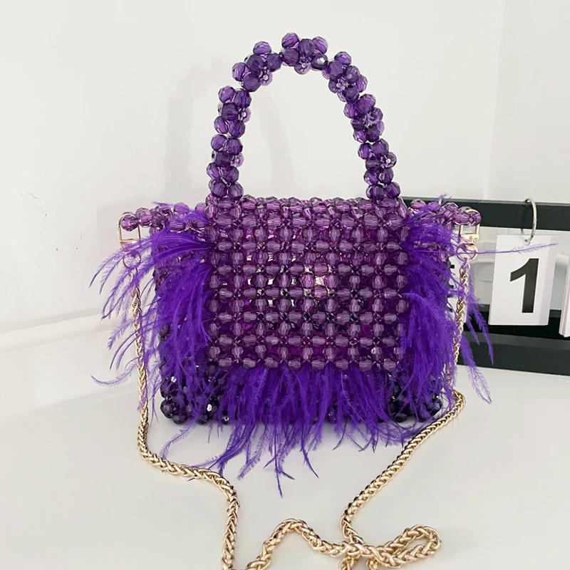 Ręcznie tkane torba z koralikami lato kobieta moda Retro fioletowy torebka bankiet Party torba typu Crossbody z łańcuchem dla kobiety DIY сумка из