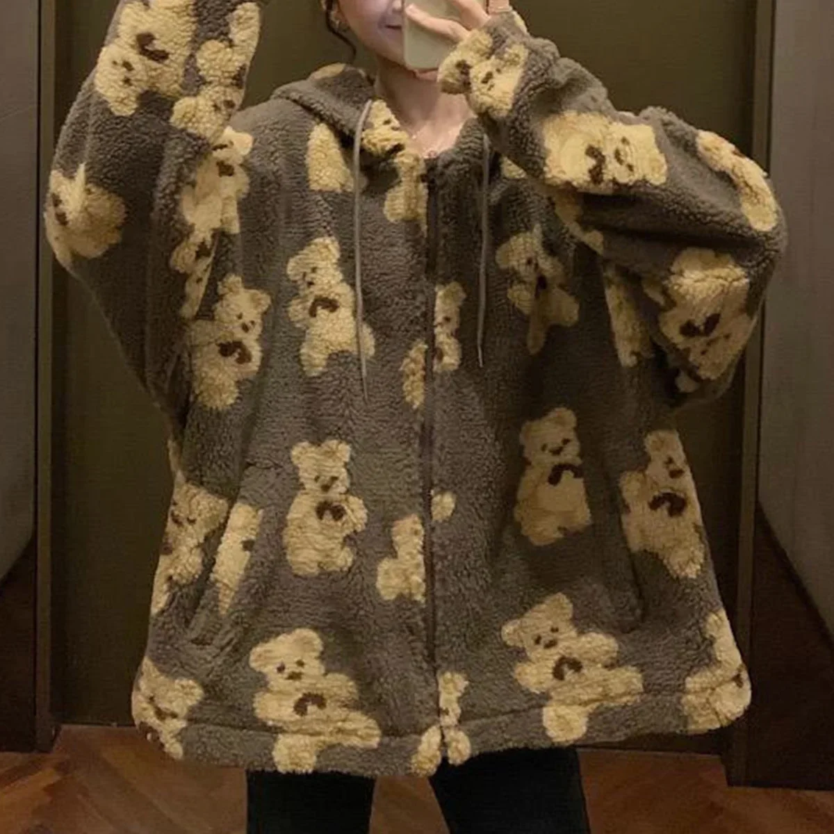 Harajuku heart-shaped printed plush jacket Women Korean version of the bear long-sleeved hooded jacket thickened warm couple str