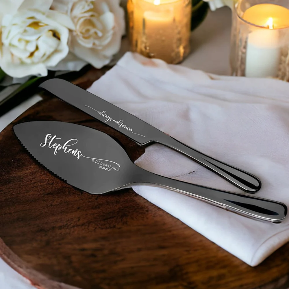 Personalized Wedding Cake and Knife Server Set With Forks Wedding Cake Decorattion Custom Monogram Laser Name Multiple Colors