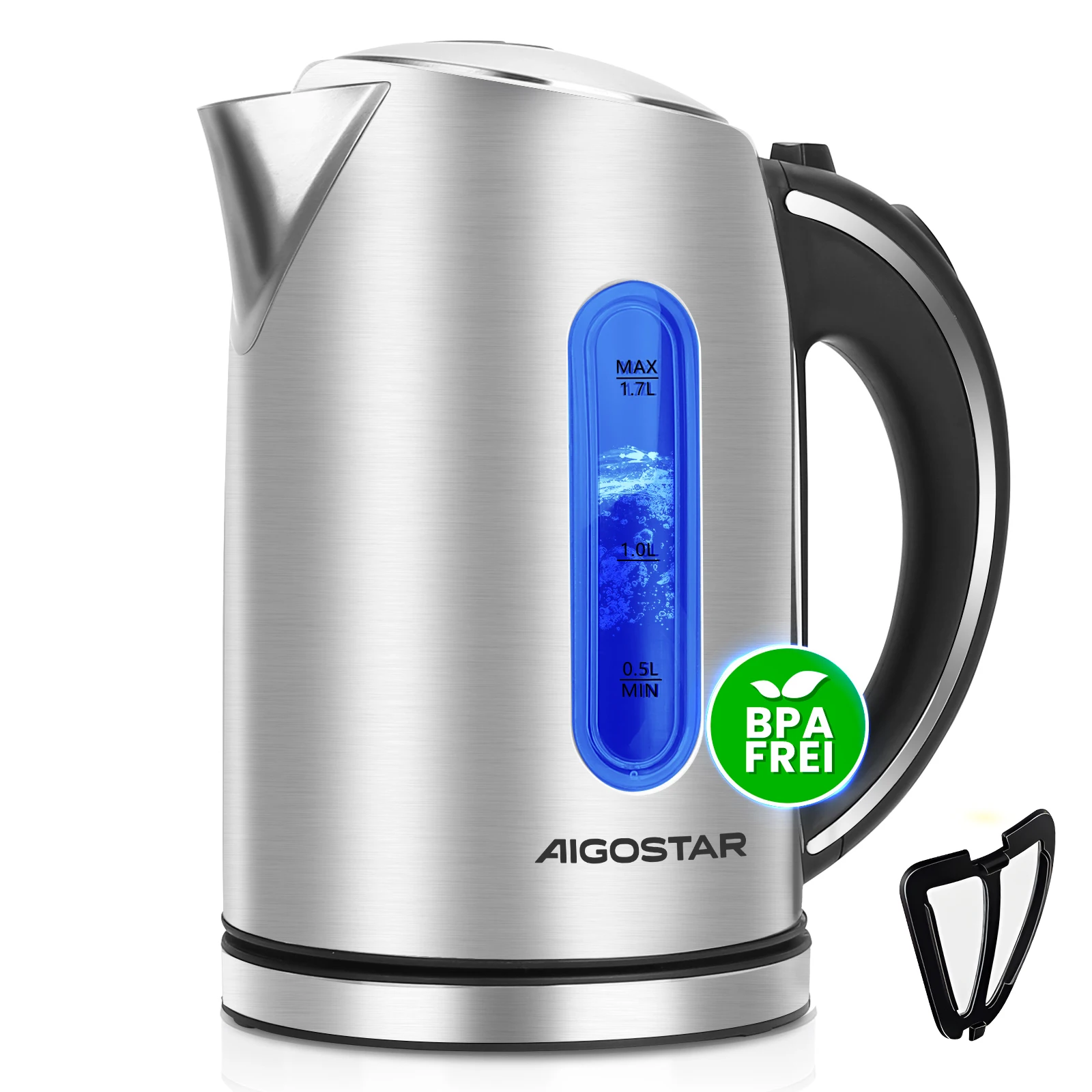 Aigostar King - Bouilloire électrique en acier inoxydable, bouilloire électrique avec éclairage LED, 1,7 L, 2200 W, bouilloire électrique sans BPA, Remo
