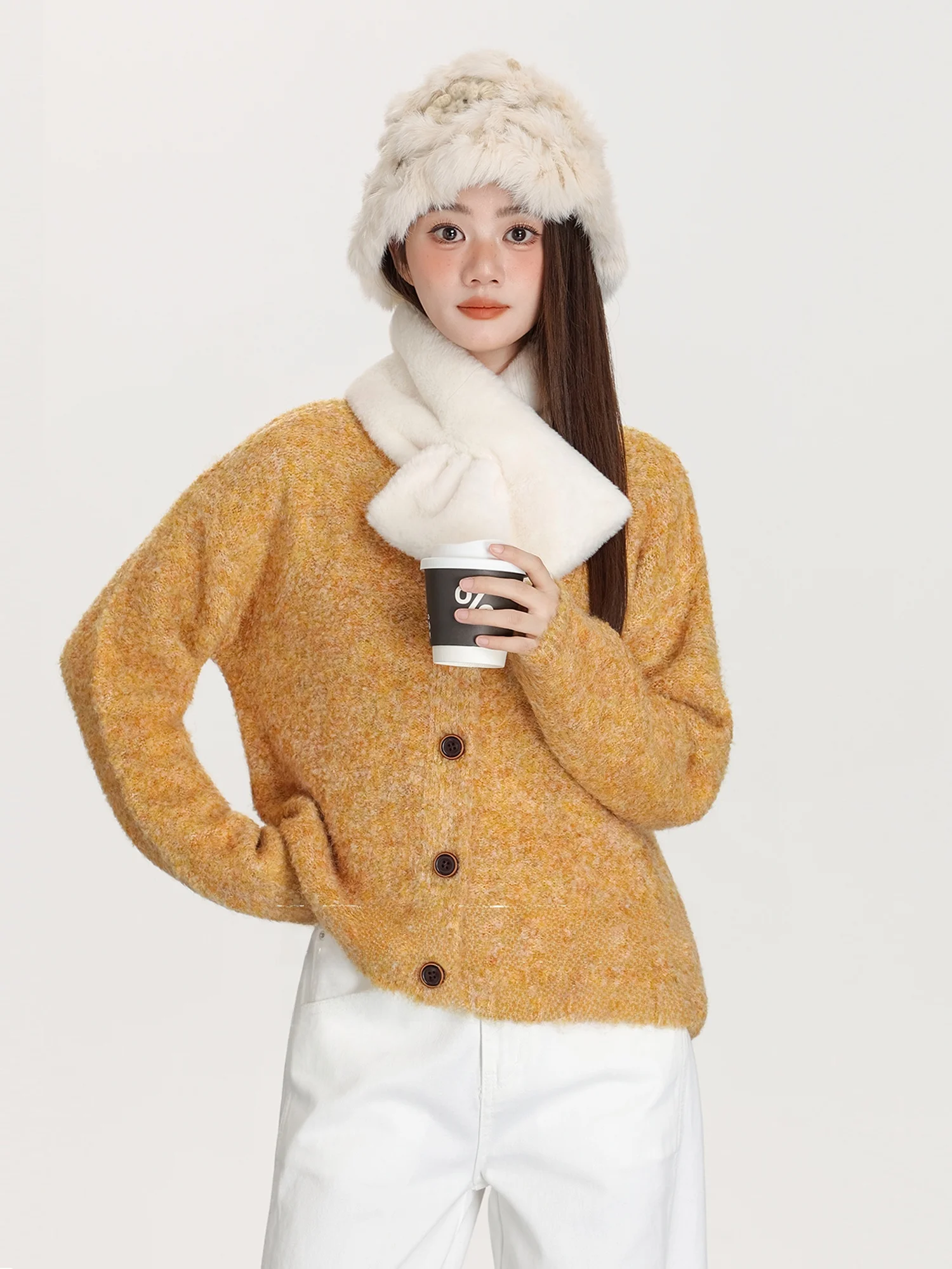 

Желтый круглый кардиган без застежек, женский свободный вязаный жакет, укороченный топ, осенне-зимняя новинка, винтажный стиль, повседневная модная верхняя одежда