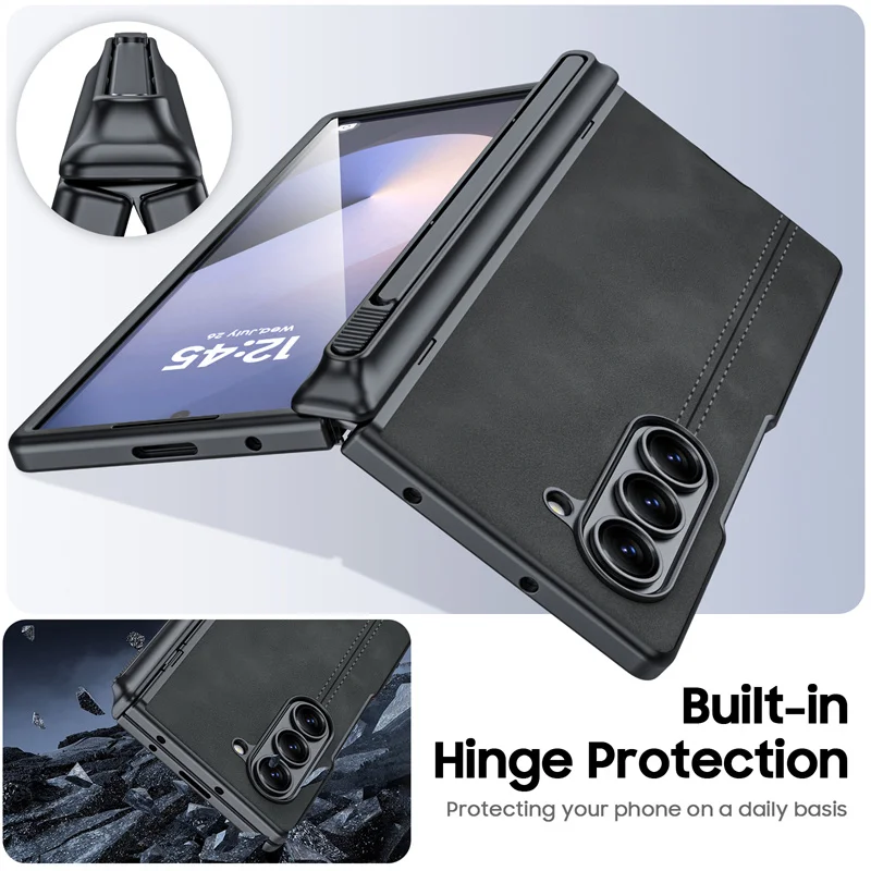 Etui do Samsung Galaxy Z Fold6 5G z przegródką na S Pen, ochroną zawiasu i ekranu, wykonane ze skóry PU, z obsługą ładowania bezprzewodowego i odporne na wstrząsy. — zdjęcie produktu 5
