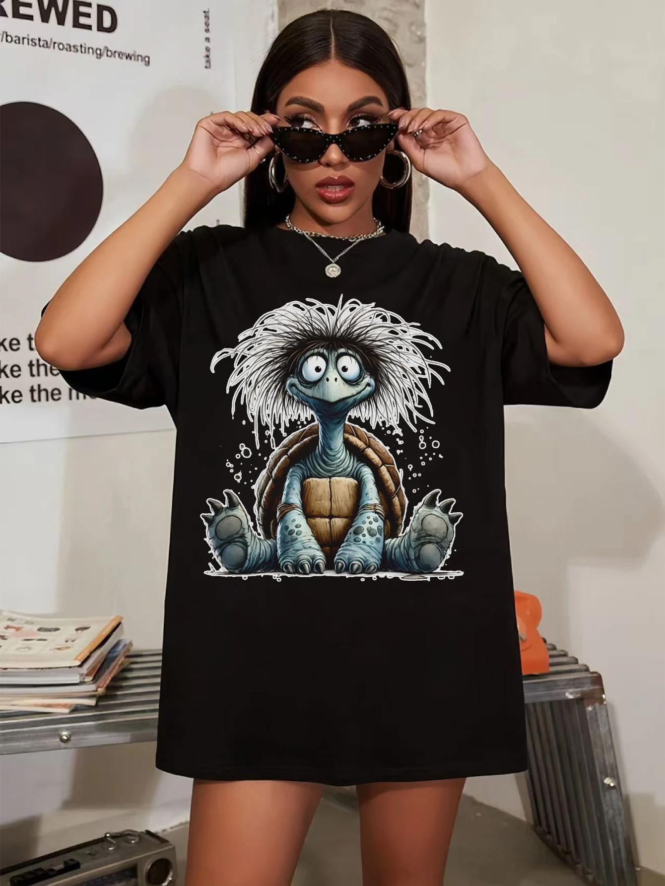 

Funny Watercolor Frazzled Quirky Turtle Comfortable Black Round Neck Sweatshirt for Women Plus Size Fall Clothes Soft Halloween