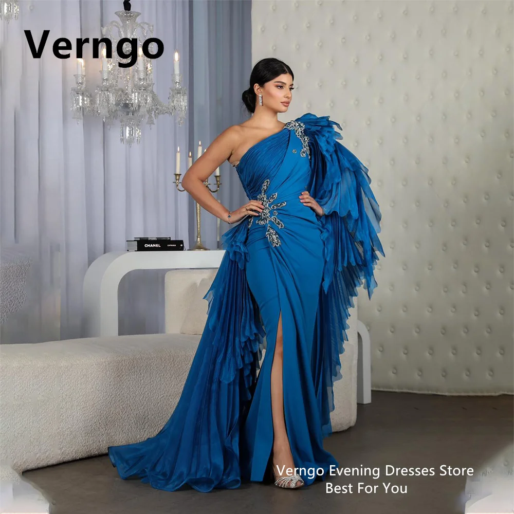 Verngo Blue/Black Stretch Frabic Prom Gowns One Shoulder Party Dress With Train Slit Mermaid Evening Dress For Women