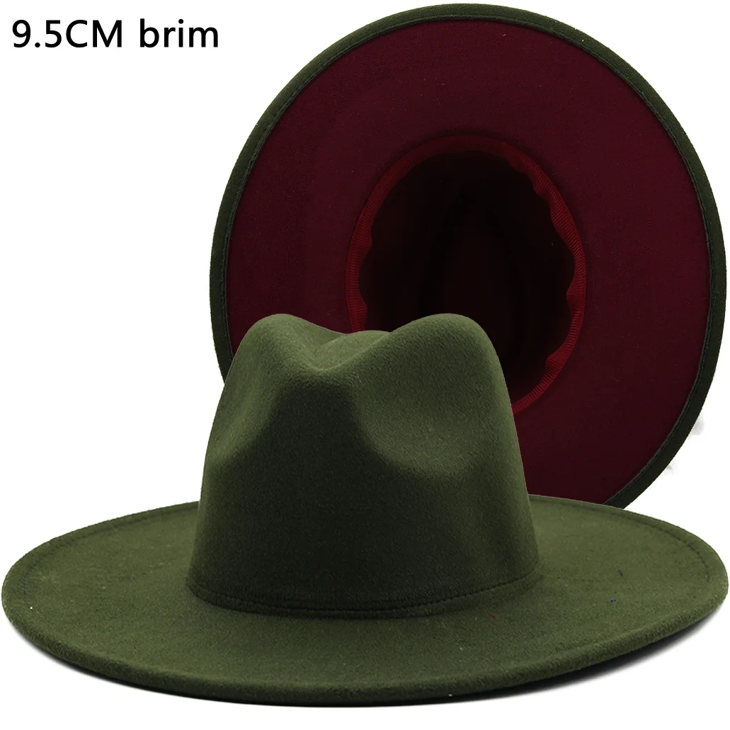 

Outer green Inner wine red Wool Felt Jazz Fedora Hats with Thin Belt Buckle Men Women 9.5CM Wide Brim Panama Trilby Cap 56-58CM