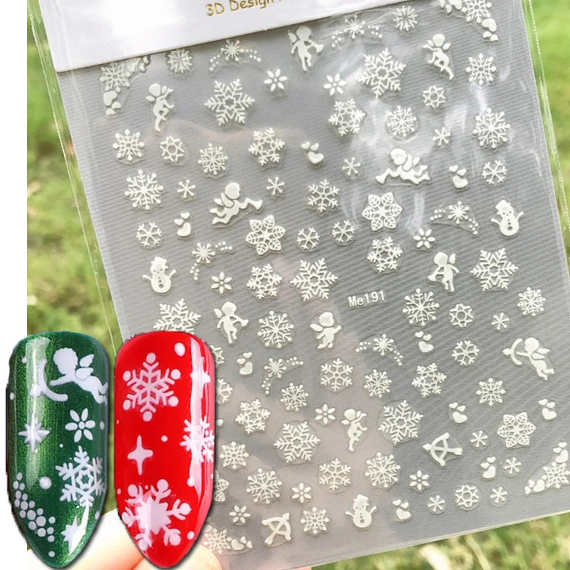 3d Nail Art Stickers Winter Christmas White Snowflakes Xmas Trees Snowman Decals For Nails Tips Decorations Manicures