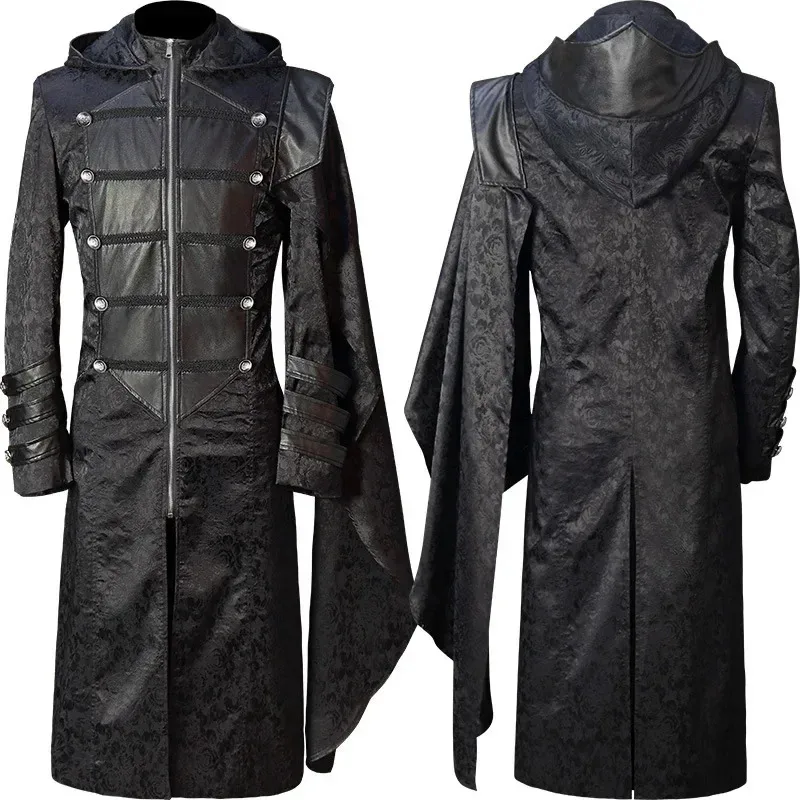 

Halloween Men's Stand-up Collar Steampunk Vintage Costume Black Gothic Cape Coat