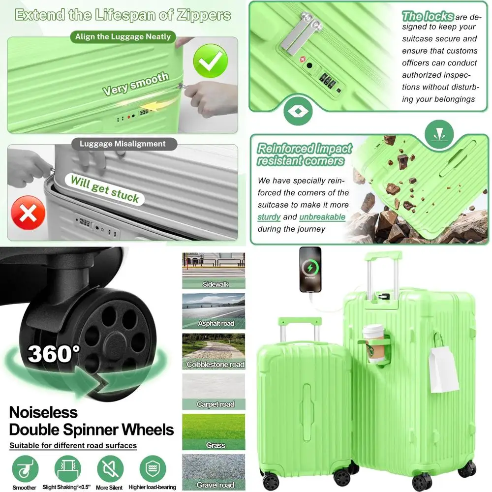 طقم حقيبة دوارة مكون من قطعتين مع غلاف صلب PC+ABS وقفل TSA ومنفذ شحن وحامل أكواب - 20 و28 حقيبة حمل