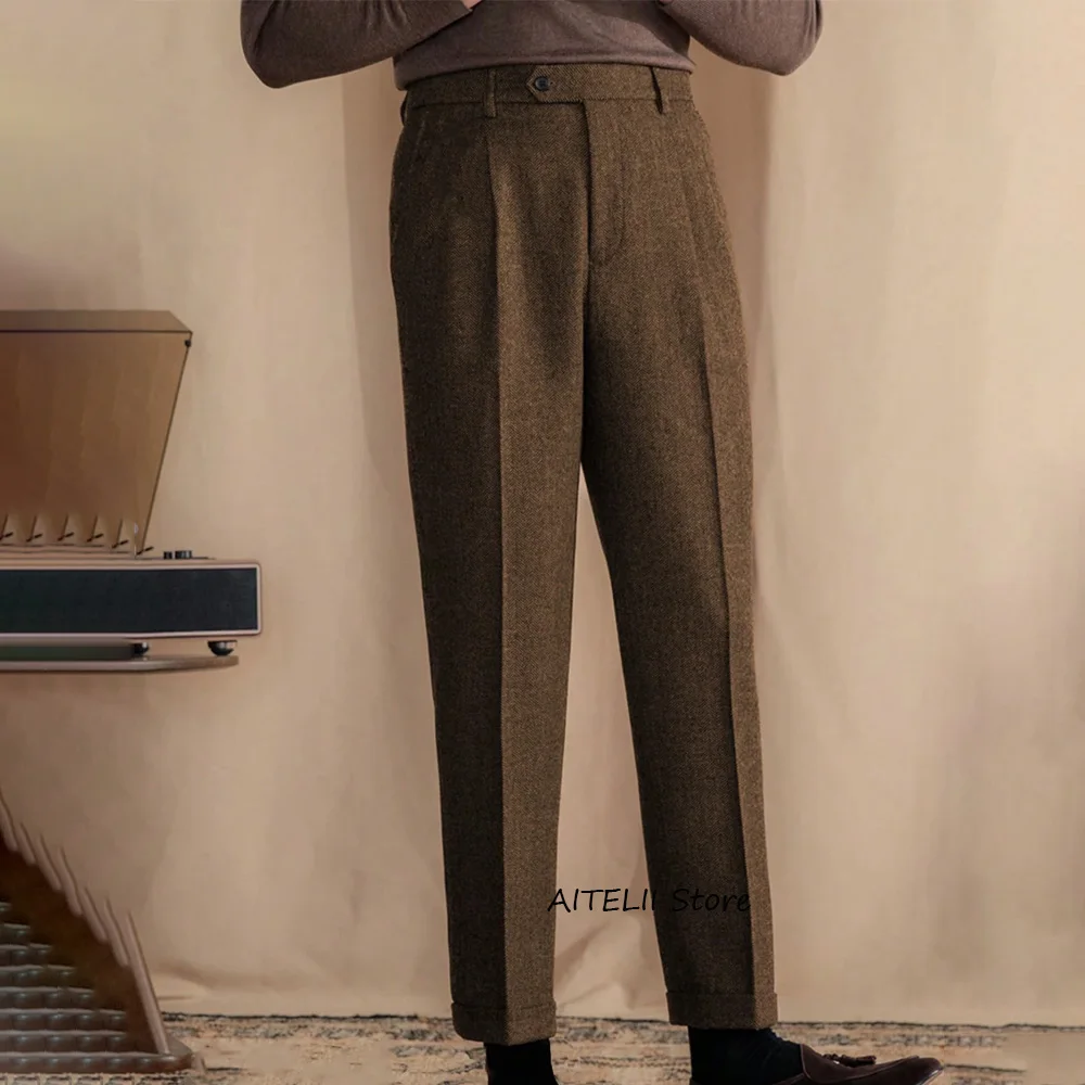 

Vintage Herringbone Fabric Trouser for Man Trousers Casual Pants Men's Straight Leg Slim Fit Work Tailoring Classic Clothing