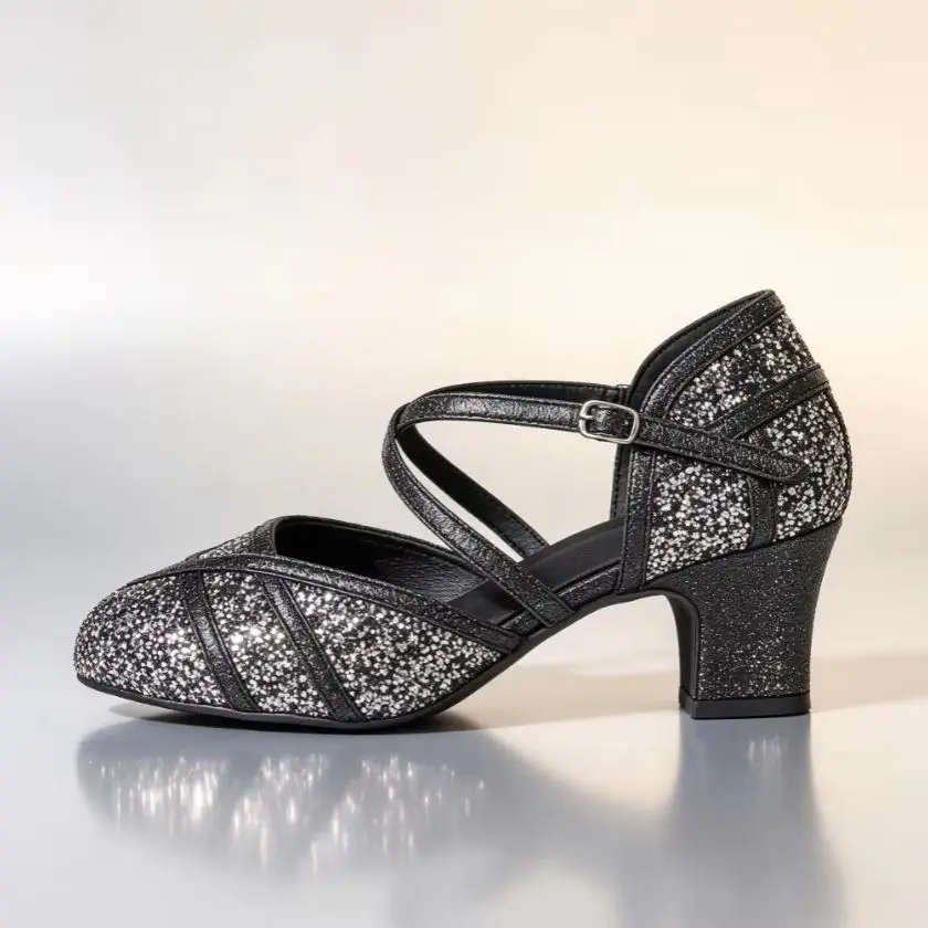 Women Closed Toe Ballroom Dance Shoes Glitter Upper Block Heel Waltz Tango Ballroom Salsa Shoes Practice Dance Footwear Sandals