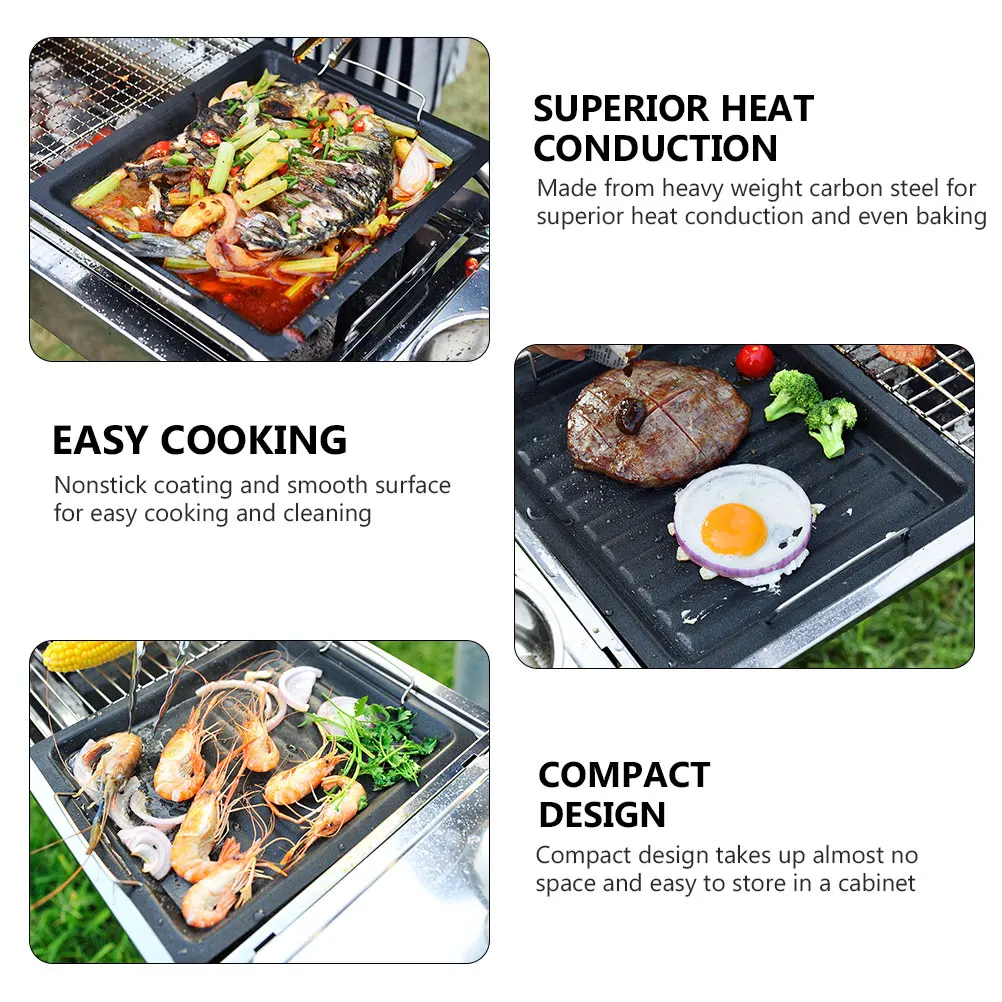 

1pc Thickened Carbon Steel Baking Tray Non-Stick Grilling Pan Roasting Frying Outdoor Bbq Supplies Easy Clean Compact Design For