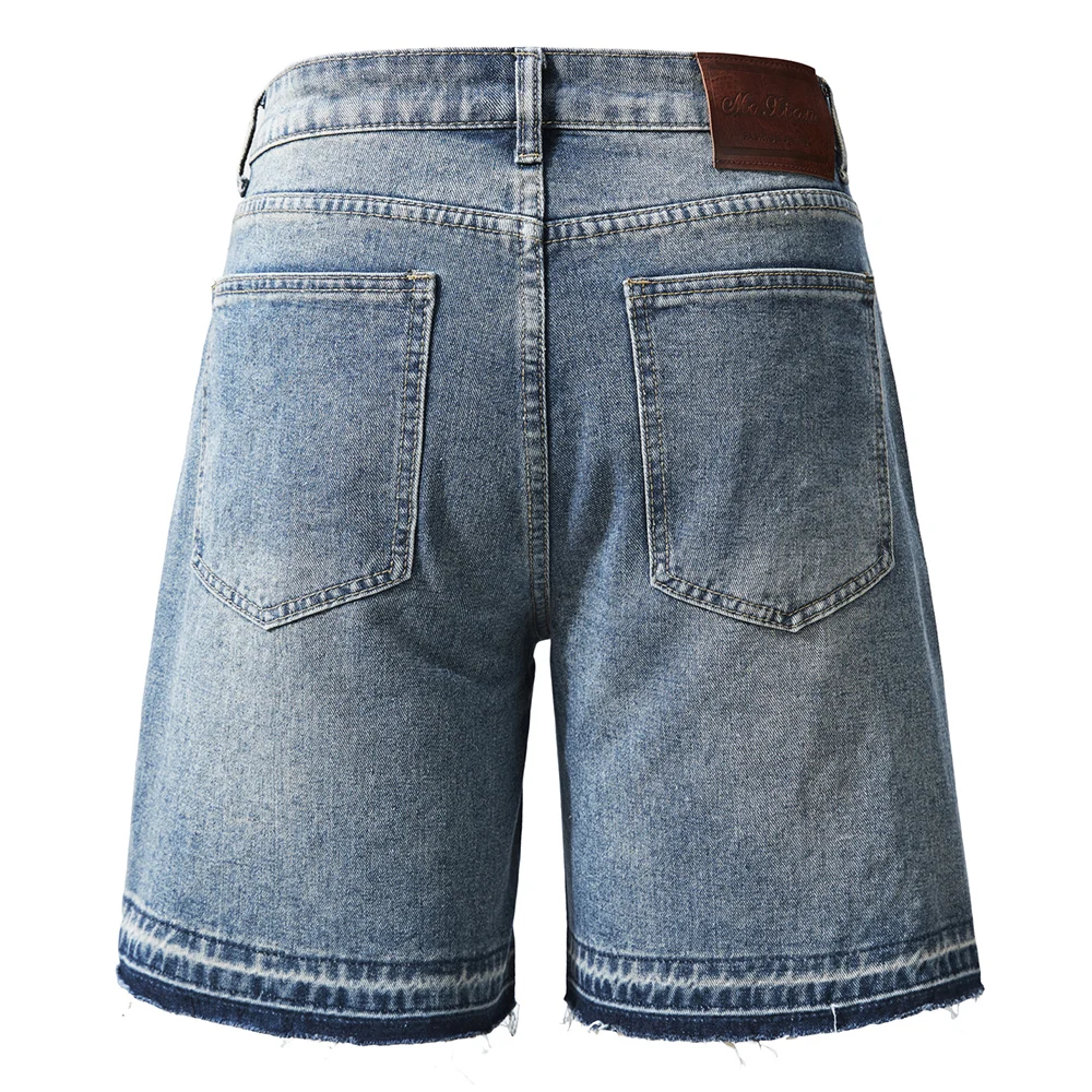 Men's Denim Bermuda Shorts Crystal Baggy Jeans Loose Fit Wide Leg Washed Streetwear Summer Cotton Released Hem Breeches
