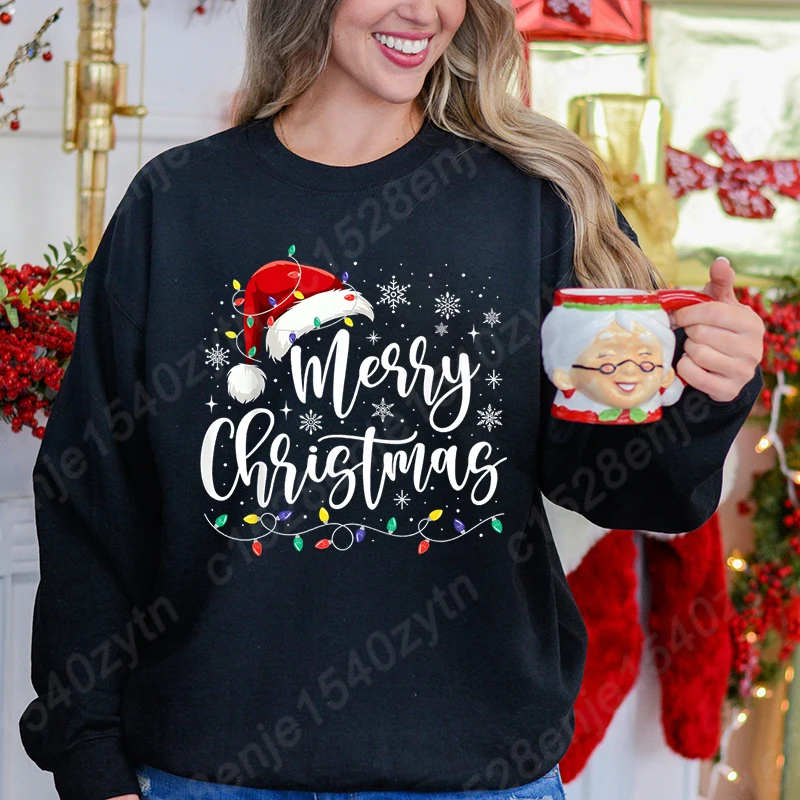 Merry Christmas Sweatshirts, Christmas Lights Red Santa Hat Print Sweatshirt, Long Sleeves Crew Neck Tops, Xmas Women Sweatshirt