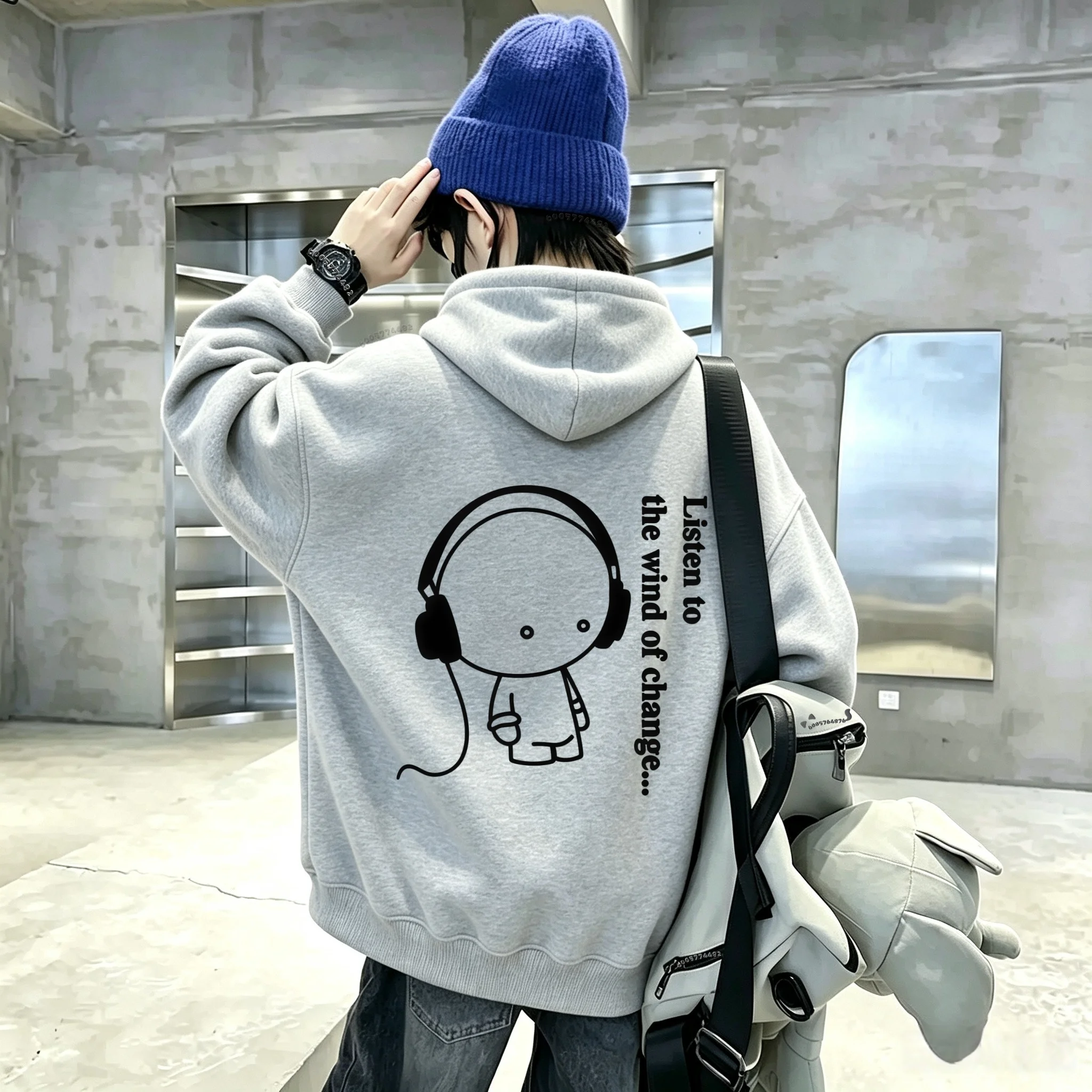 Black and white line head portrait headphones pattern Children's hooded shirtLoose and casual pullover hoodie for boys and girls
