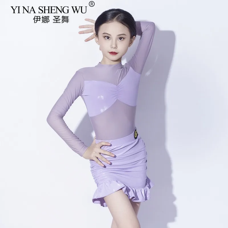 ชุดเต้นลาตินสีม่วงสำหรับเด็กผู้หญิง แขนยาว ผ้าตาข่าย ชุดจั๊มสูทและกระโปรง ชุดแสดงและฝึกซ้อมเต้นลาติน ชะชะช่า รุมบ้า