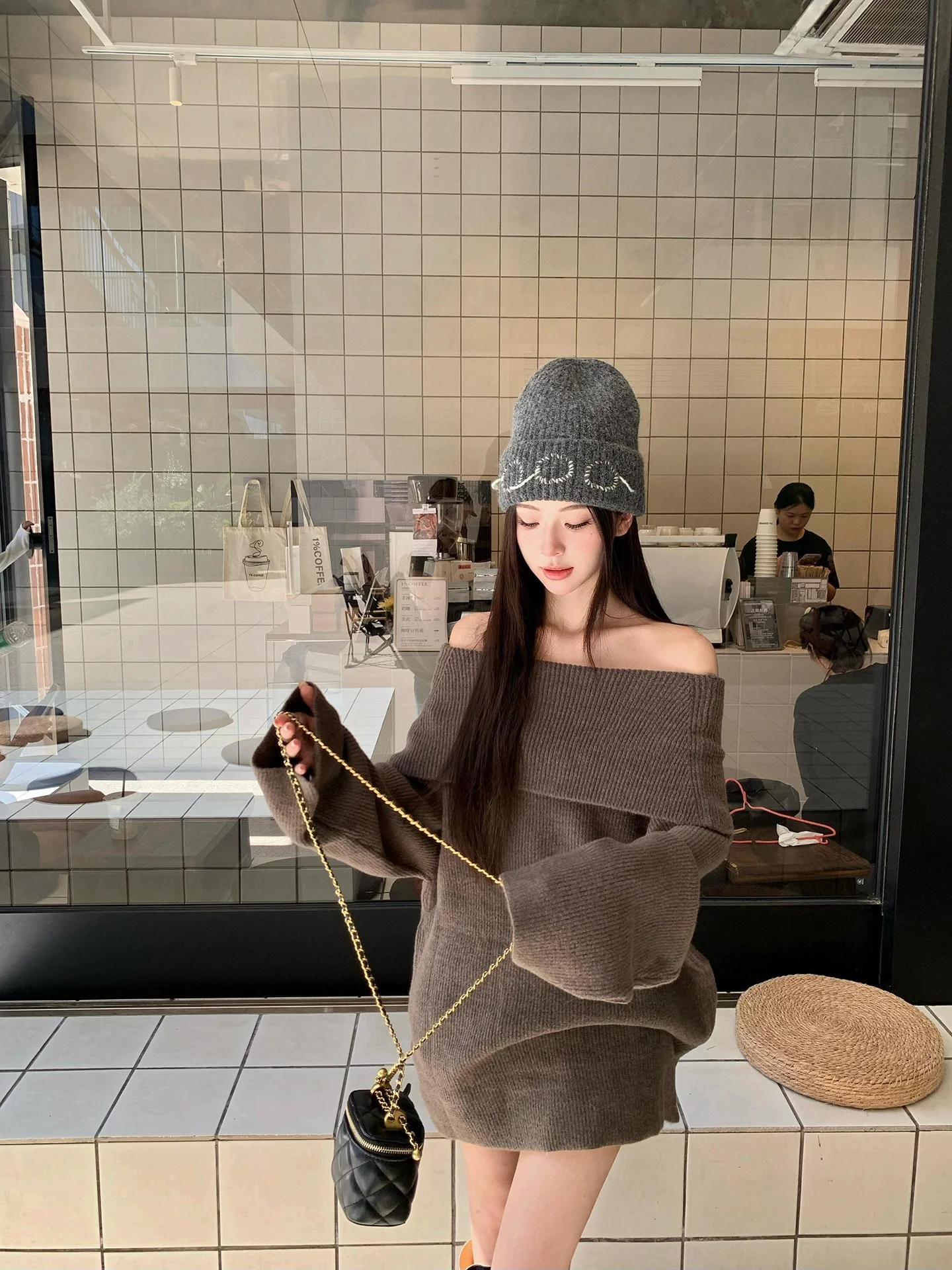 

Loose Lazy Sle One-oulder Mid-Length Knitted Dr Women's Autumn Winter oulder Exposure Sweater Top And Dr