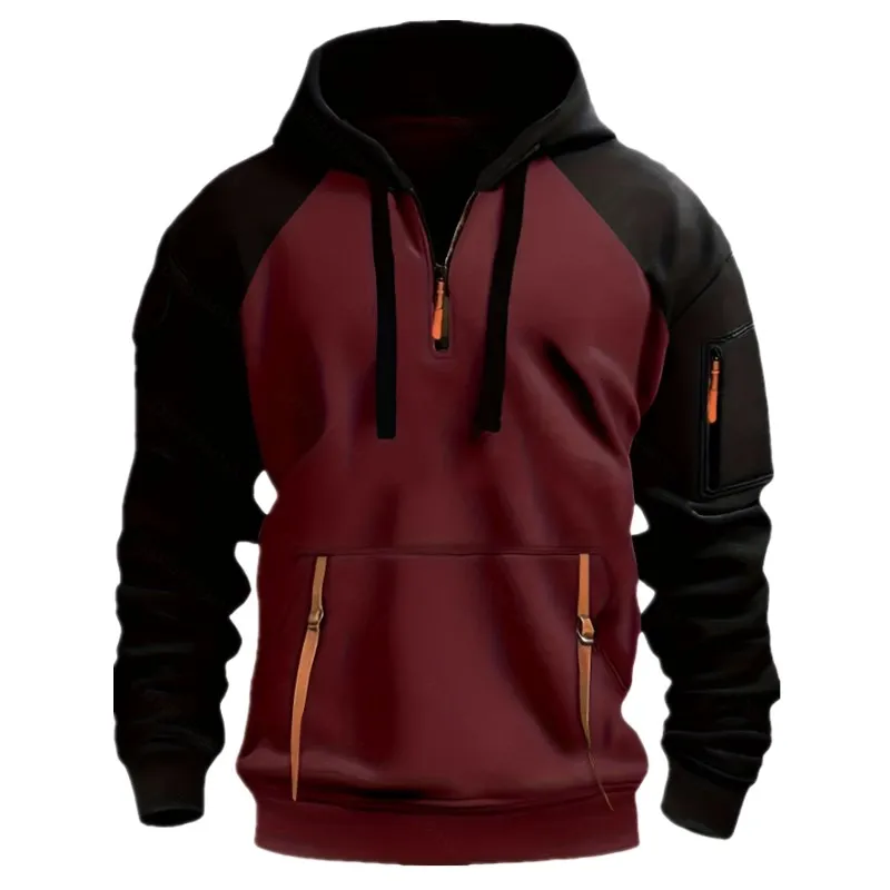 2025 الخريف/الشتاء الرجال هوديي اللون منعت هوديي سستة متعددة جيب هوديي مع إدراج الكتف كم معطف رياضي غير رسمي