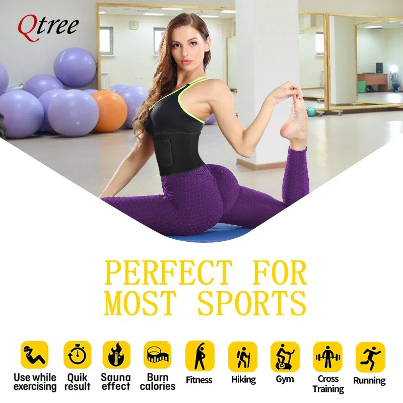 Qtree cintura cincher corpo shaper envoltório feminino barriga trainer cinto sauna suor emagrecimento treino cinto com bolso queimador de gordura espartilho