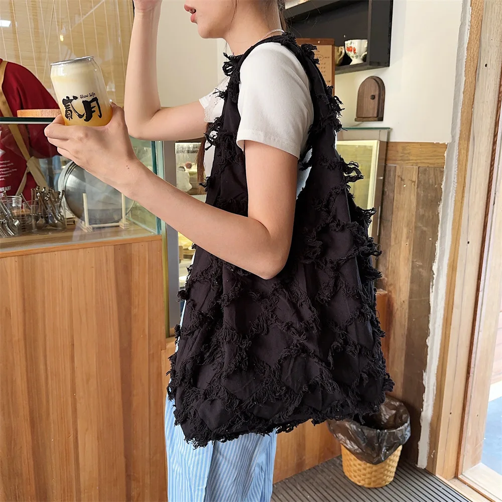 1 Piece Simplicity Student Shoulder Bag for Girl Korean Fashion Black Beige Color Tassels Tote Bag Cute High Capacity Handbag