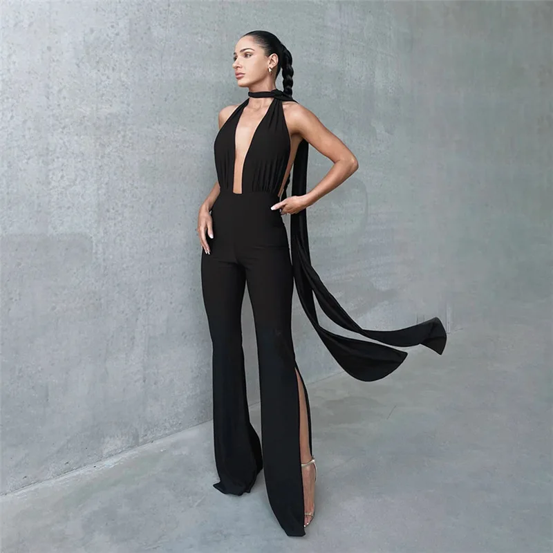 

Clinkly Deep V Wrap Around Halter Sexy Backless Flare Pants Jumpsuits Fashion Outfits For Women One-piece Rompers Overalls