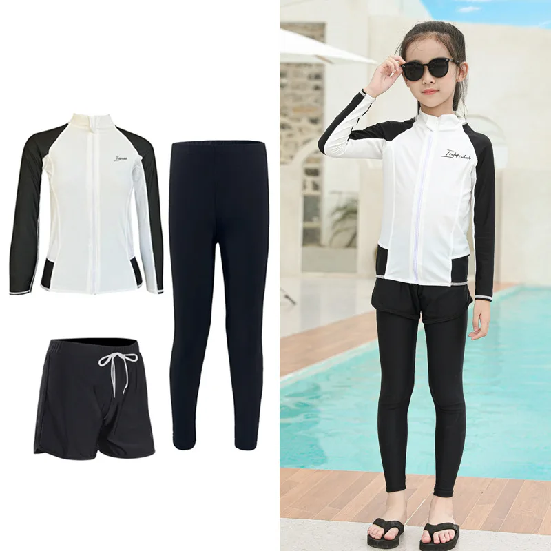 Three Piece Long Sleeve Cover Up Swimwear Korean Beach Wear Kids Girls Boys Swimsuit White Black Rash Guard Bathing Suits Pants