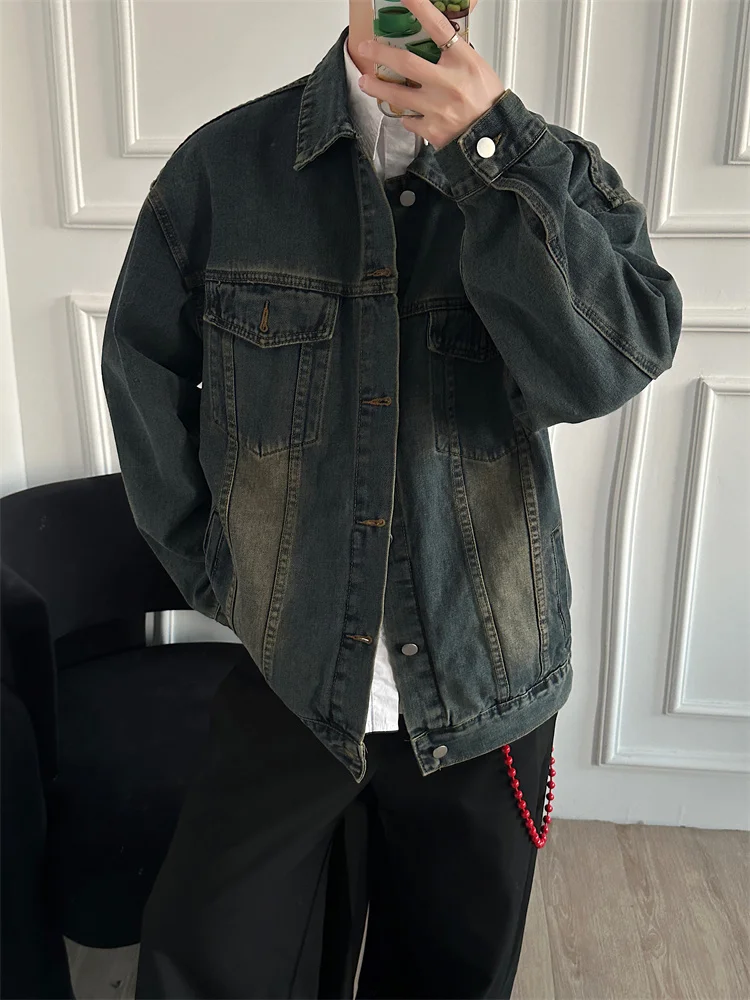 

Retro Waed Denim Jaet Men's Loose Fit Collared Spring Autumn Sli American Cleanfit Jaet for Teenagers