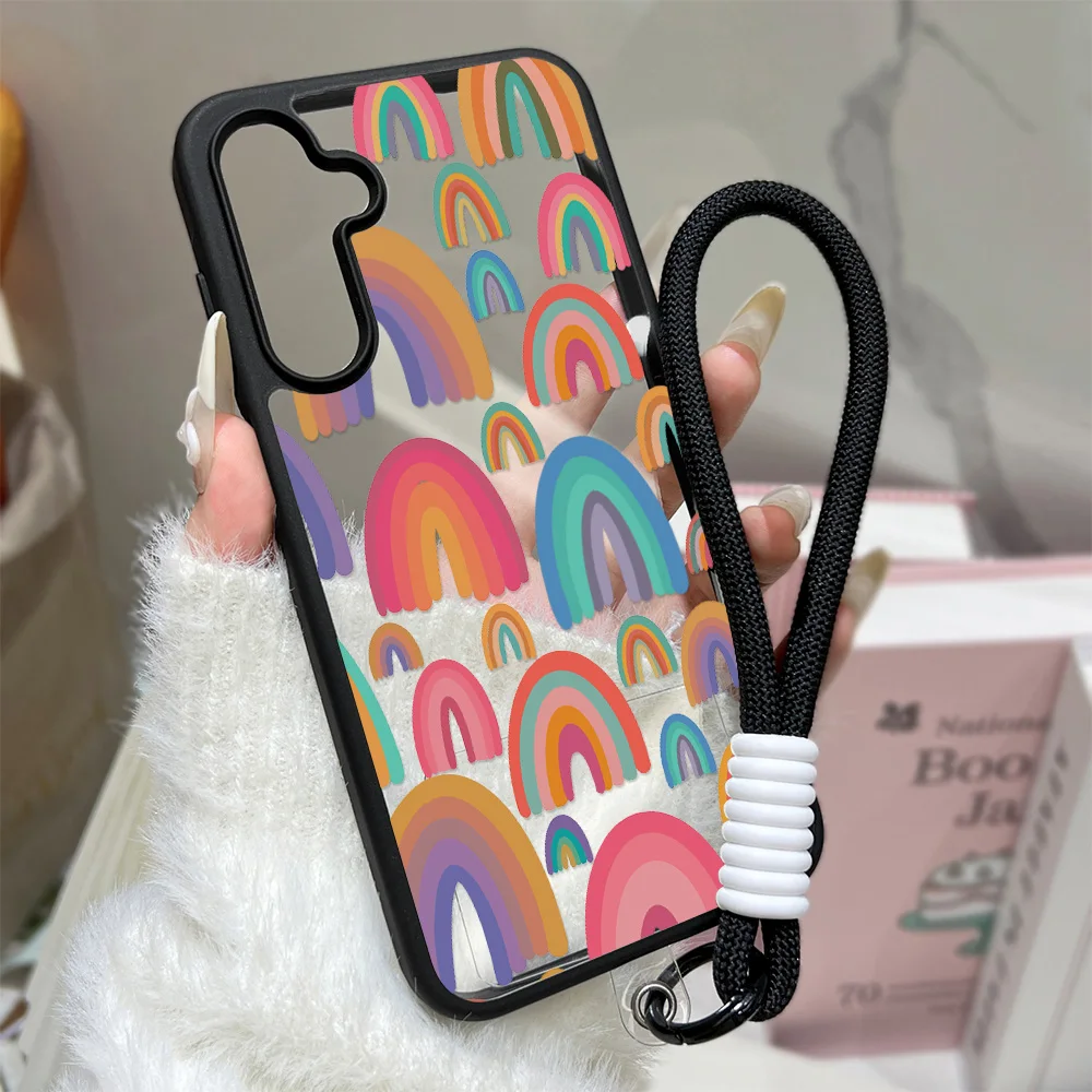 Silikon-Matte-Handyhülle für Samsung S26 Ultra Funda Galaxy S25 FE S24 S23 S26ultra Schutzhülle mit Trageband Cartoon-Regenbogen-Design