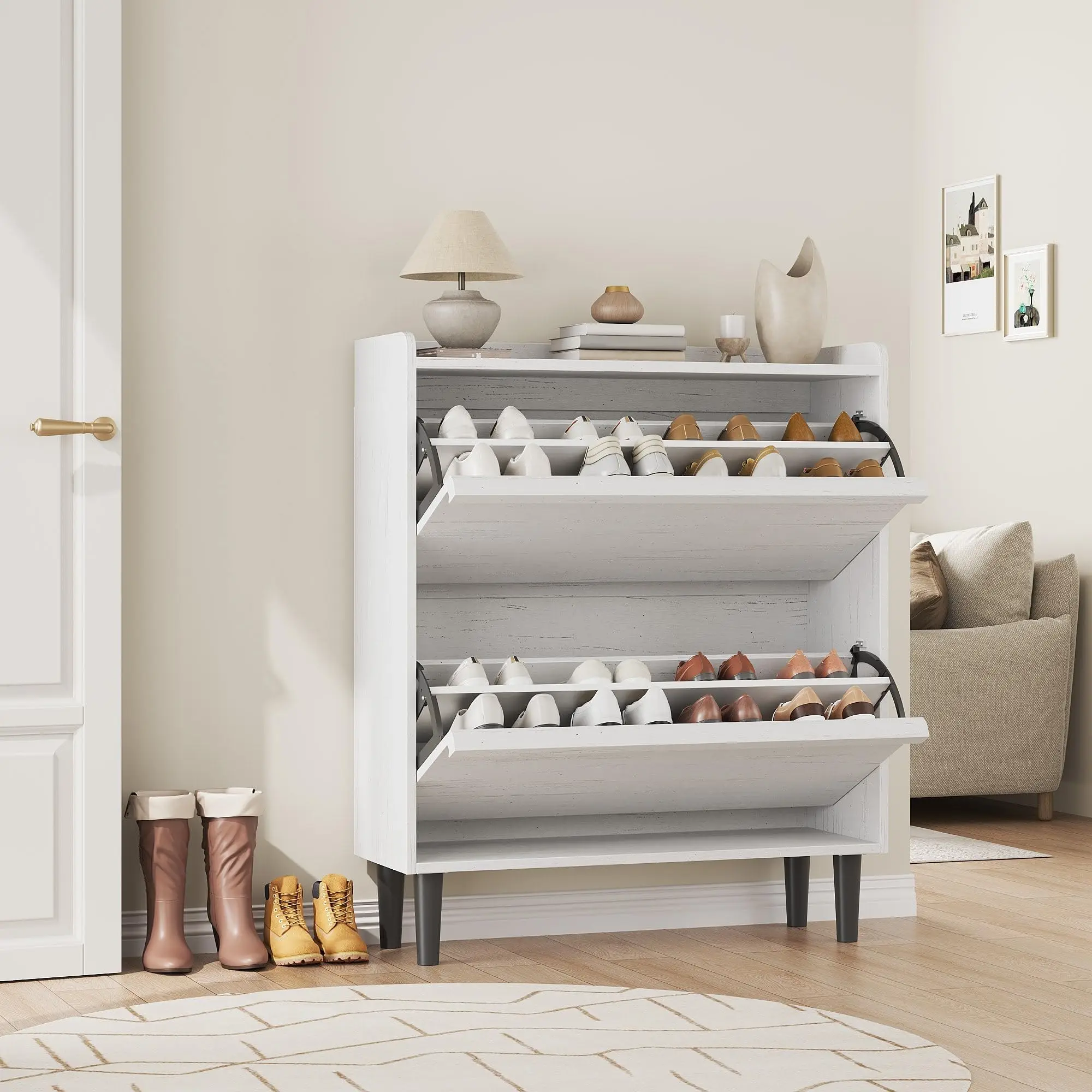 Hidden Wood Shoe Cabinet With 4 Flip Drawers And Adjustable Shelf Modern Narrow Slim Freestanding Organizer Space Saving Vertical Storage For Entryway Hallway