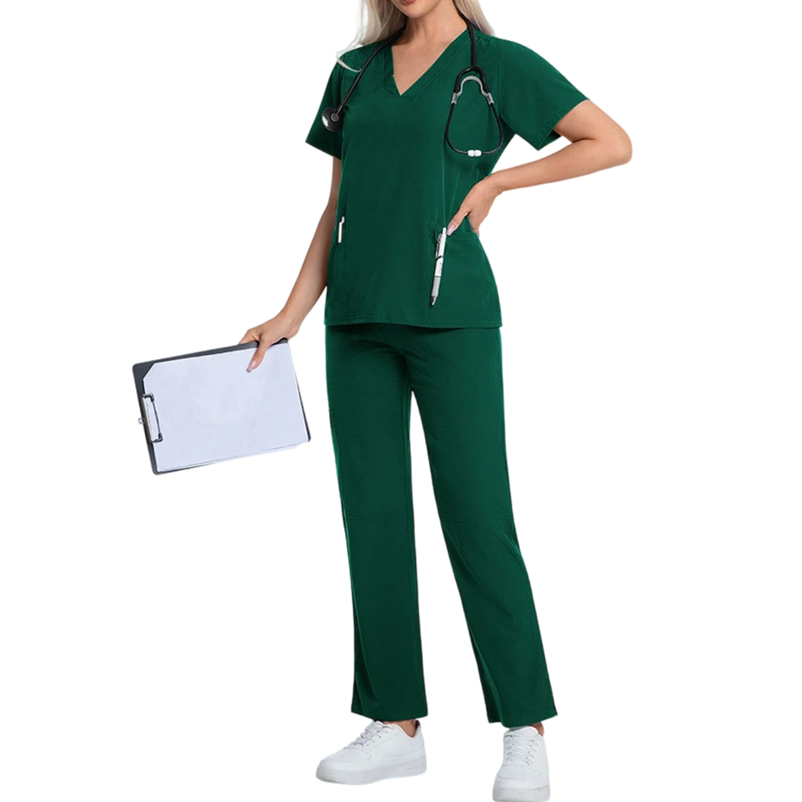 Vrouwen verpleegster scrubset V-hals korte mouw meerkleurige zak medisch uniform comfortabele gezondheidszorg professionele outfit