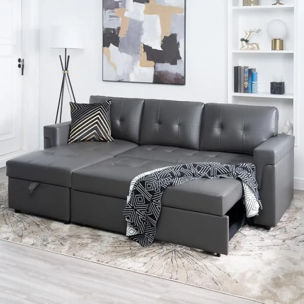 Jenny Sectional Sofa Sleeper with Storage Chaise, Tufted Pull Out Couch with Storage, Sectional Sofa Bed, L-Shaped