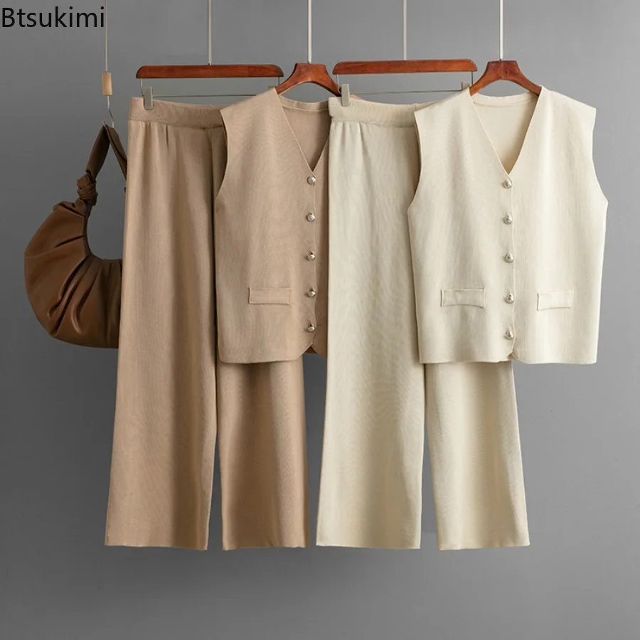 

Spring Summer Casual Knitted 2 Pieces Suit Women Fashion V-neck Sleeveless Single Breasted Slim Tank Wide Leg Pants Female Set