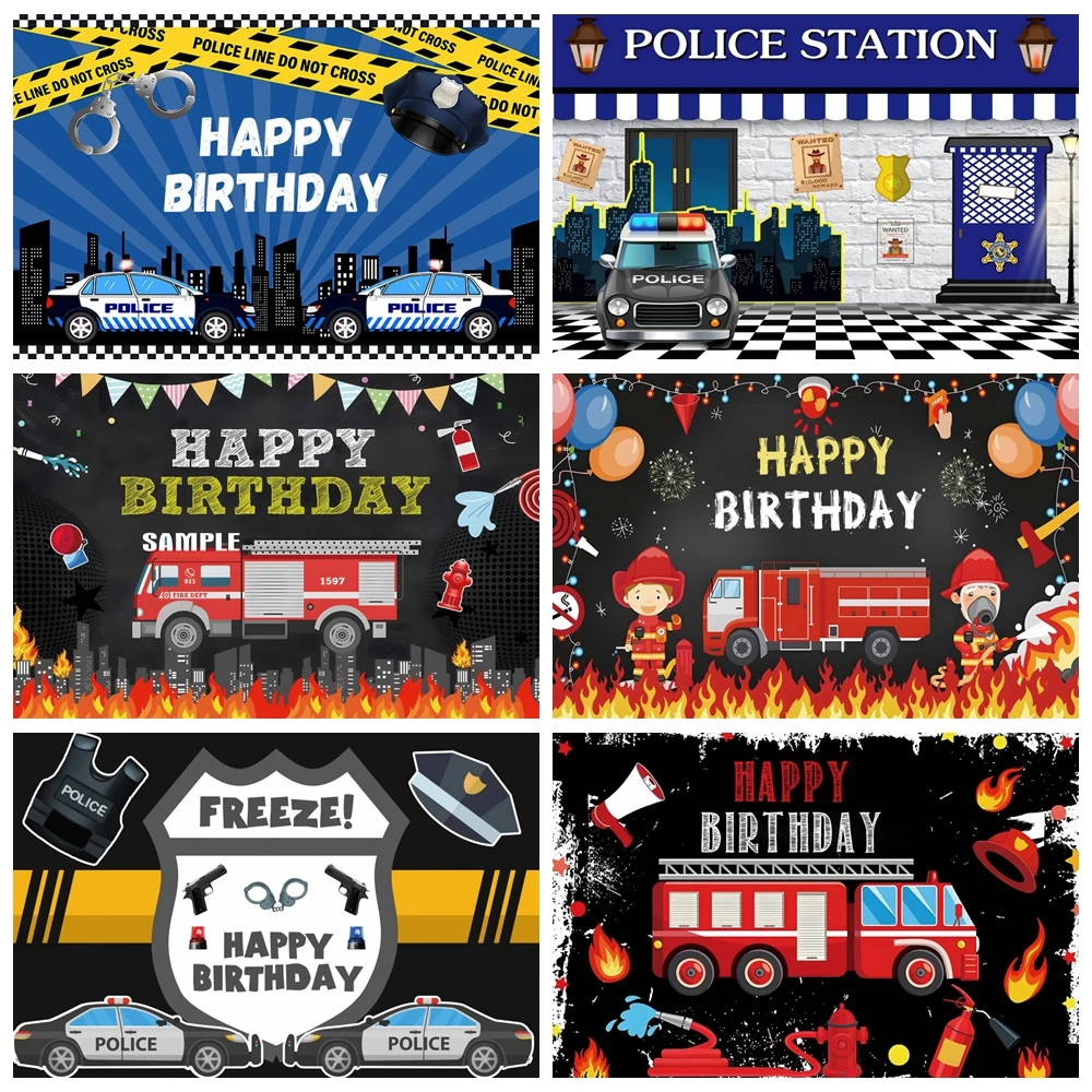 

Police Policeman Car Firetruck Theme Backdrop for Photography Fire Truck Firefighter Baby Boy Birthday Party Photo Background