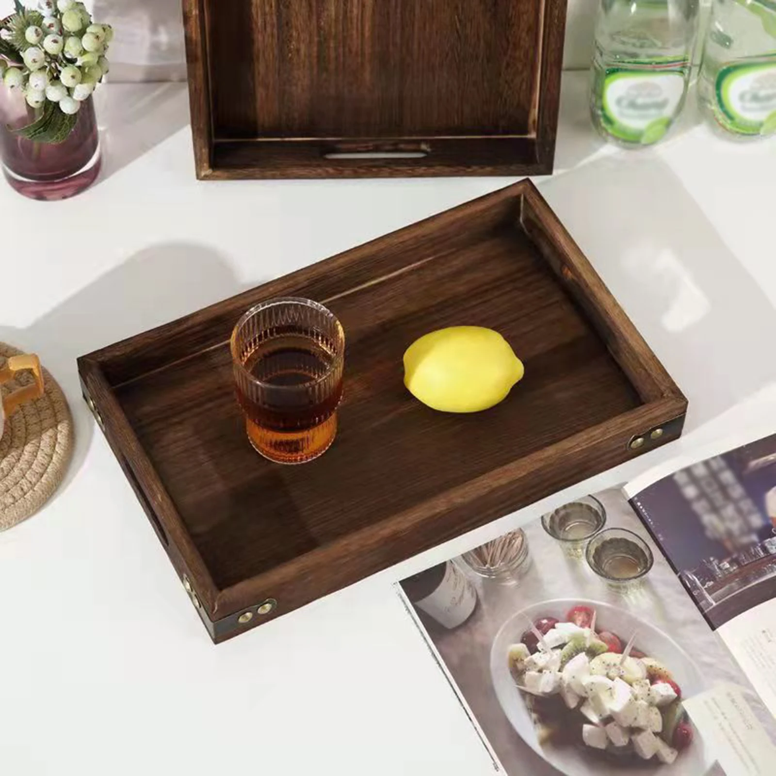 Wooden Service Tray with Handles Handmade Classic Wooden Tray Rectangle Wooden Tray for Home Decor