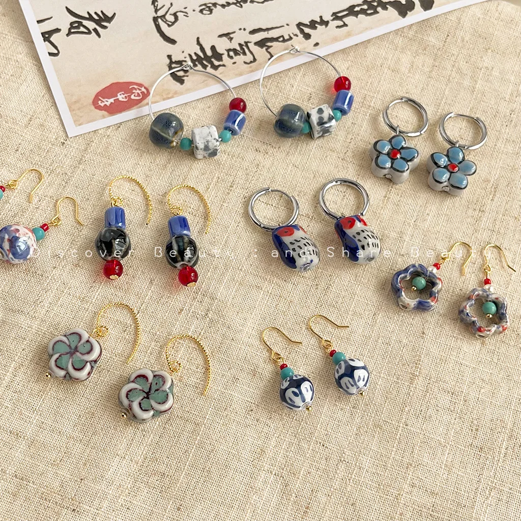 

DIY accessories Blue and white porcelain series, retro literary ceramic flower earrings, women's niche design sense, new Chinese