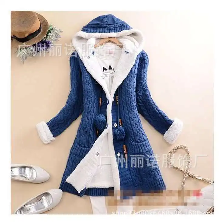 Women Casual Knit Ox Horn Button Coat Long Sleeve Sweater Cashmere Thick Warm Hooded Cardigan Coat Solid Comfy Knitwear Coat