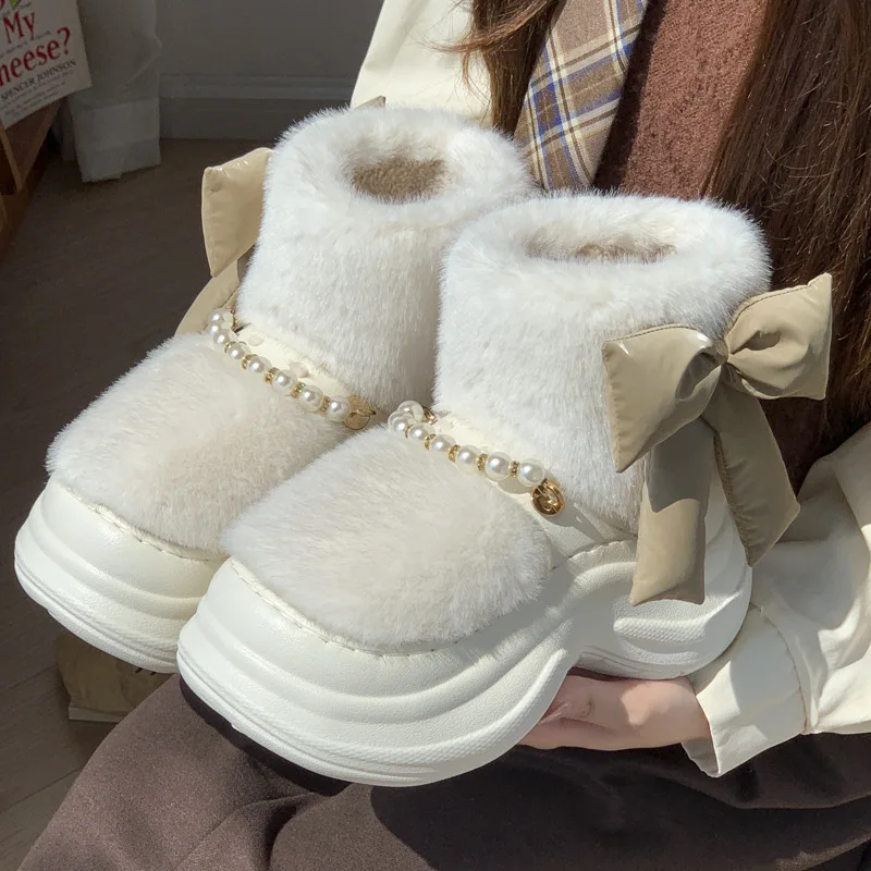 

Women Fashion Snow Boots Big Butterfly Winter Warm Shoes Soft Faux Fur Anti-slip Female Daily Walking Ankle Boots Platform Botas