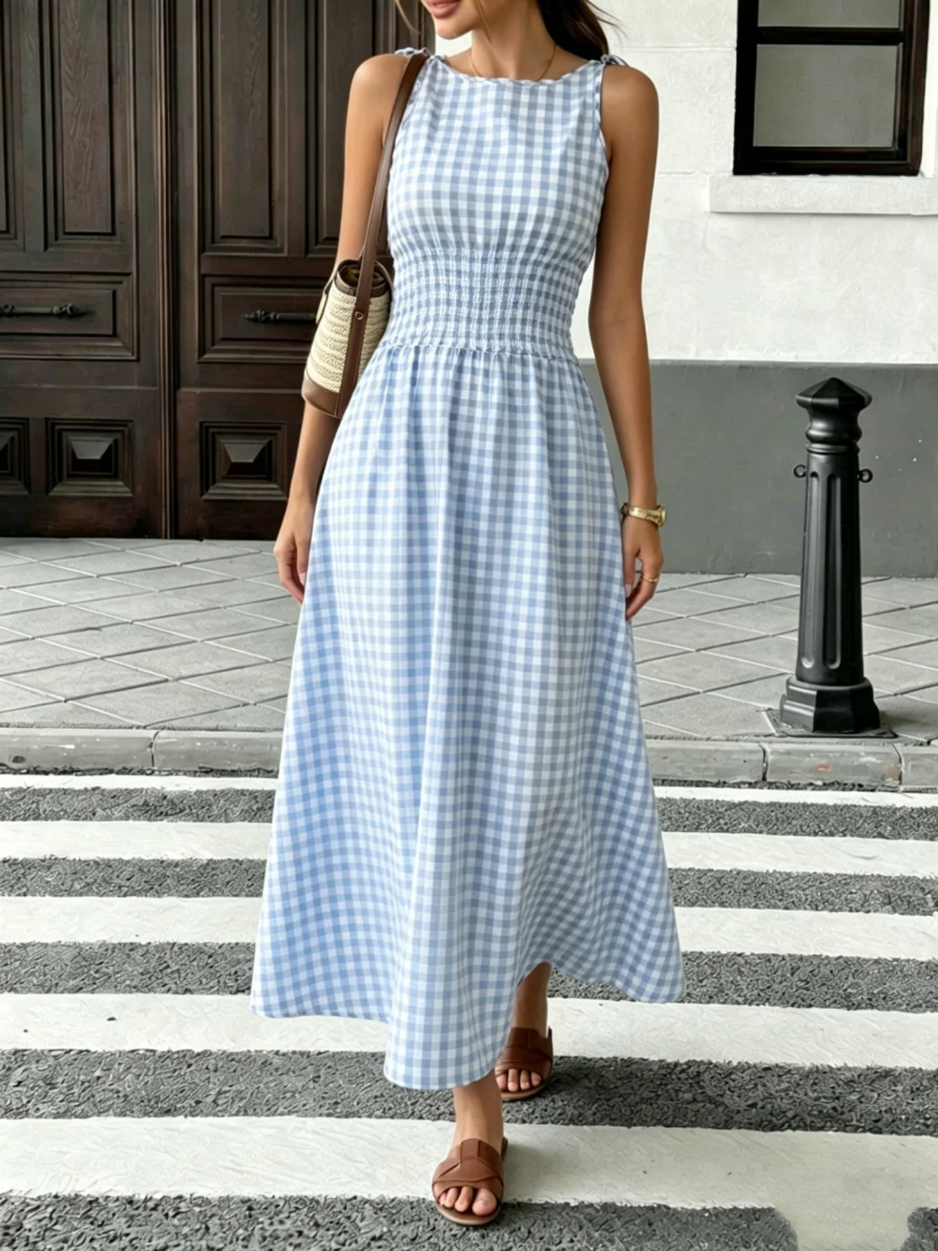 Sommermode Neuer Stil Frischer Ins-Stil Vielseitiges Gittermuster Taillenzugband Langes Kleid – Detail 9