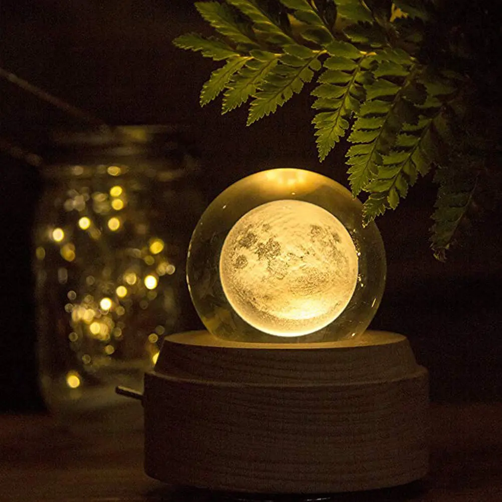 3D Moon Crystal Ball Clear Planet Sphere Smooth Surface Cosmic Engraved Glass Decorative Ball Home Office Living Room