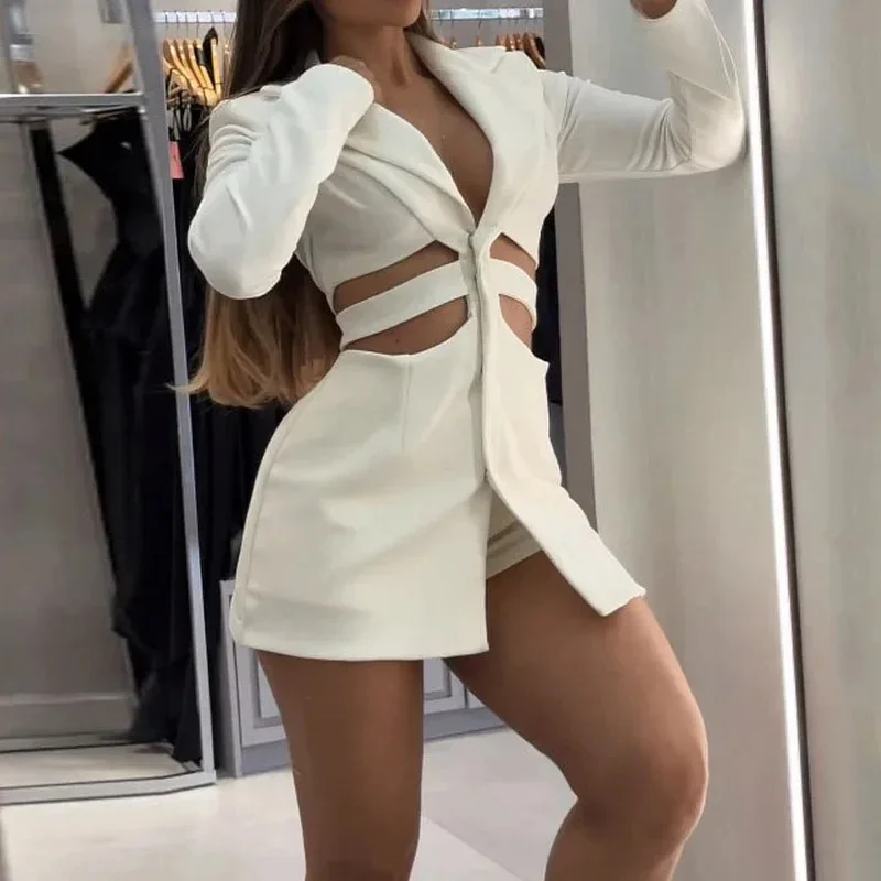 Sexy Cutout Straight Dress 2025 Autumn New Europ-American Style Women's Fashion Slim Waist Blazer Collar Pure Desire Vibe Dress