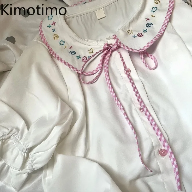 

Женская летняя блузка Kimotimo с коротким рукавом, свободного кроя, в стиле преппи, с милой японской вышивкой и воротником-куклой, в стиле Y2K