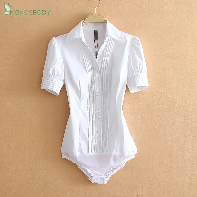 Summer Short Sleeve Black Body Shirts Women Bodysuits Fashion Shirring Rompers Office Lady Blouses Business Work Wear Tops 2024