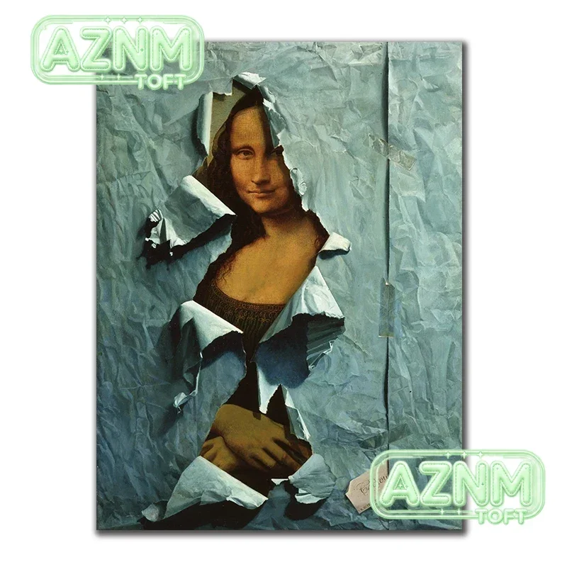 Spoof The Famous Mona Lisa Canvas Painting Covered By Blue Paper Poster Print Wall Art Pictures for Living Room Home Wall Dec