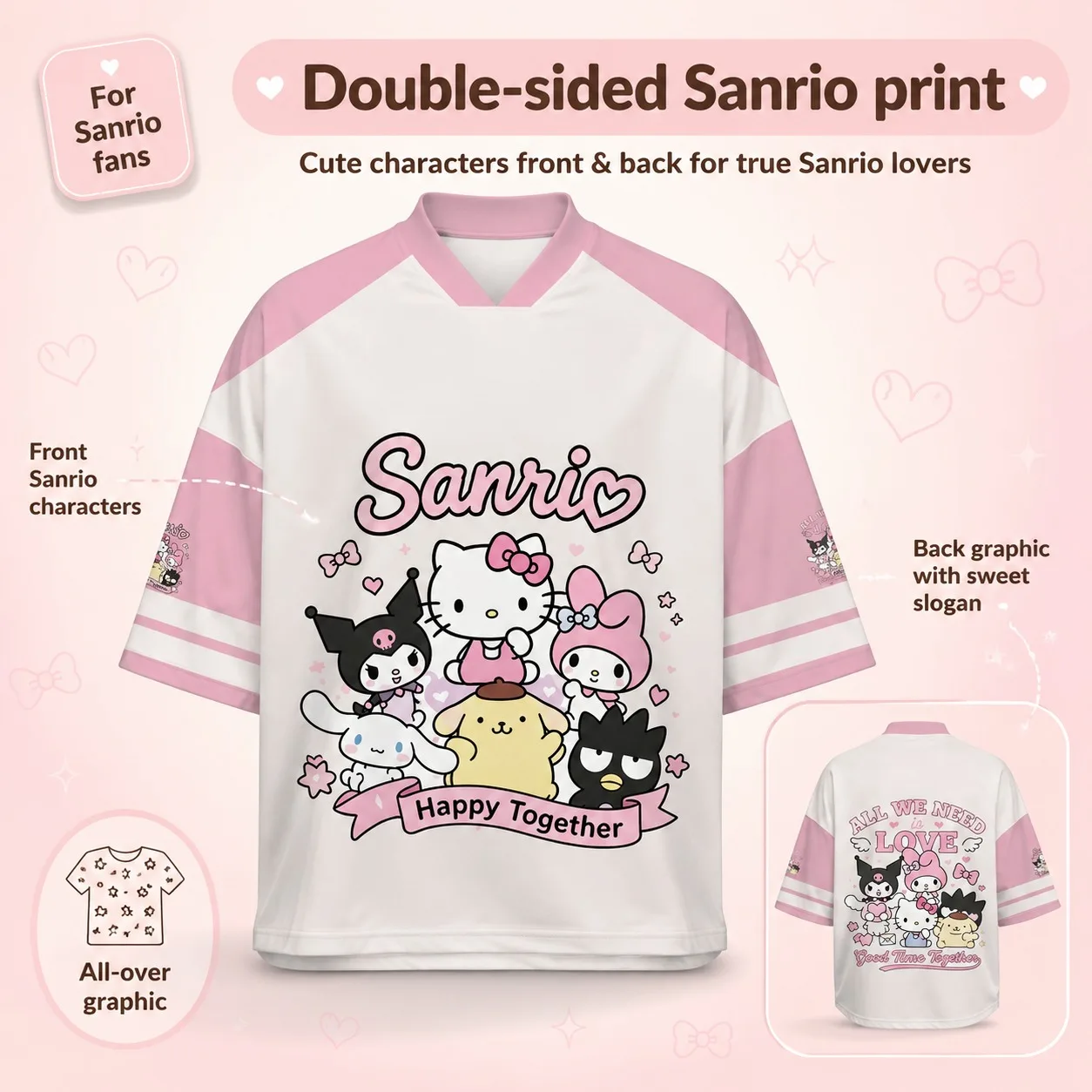 Sanrio All Stars T-Shirt Pink White Color Block V-Neck Oversized Jersey Cute Front Back Print Kawaii Streetwear Casual T-shirt view 3