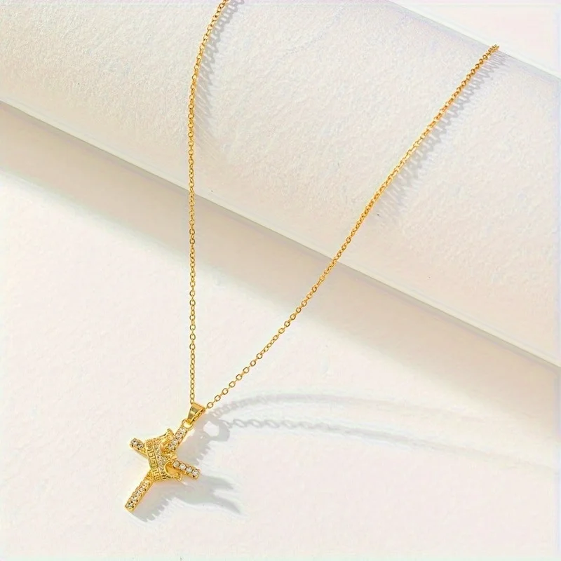 Fashionable Classic Hip-hop Crown Cross Pendant Women's Necklace Set with Zircon Punk Party Jewelry Gift Accessories
