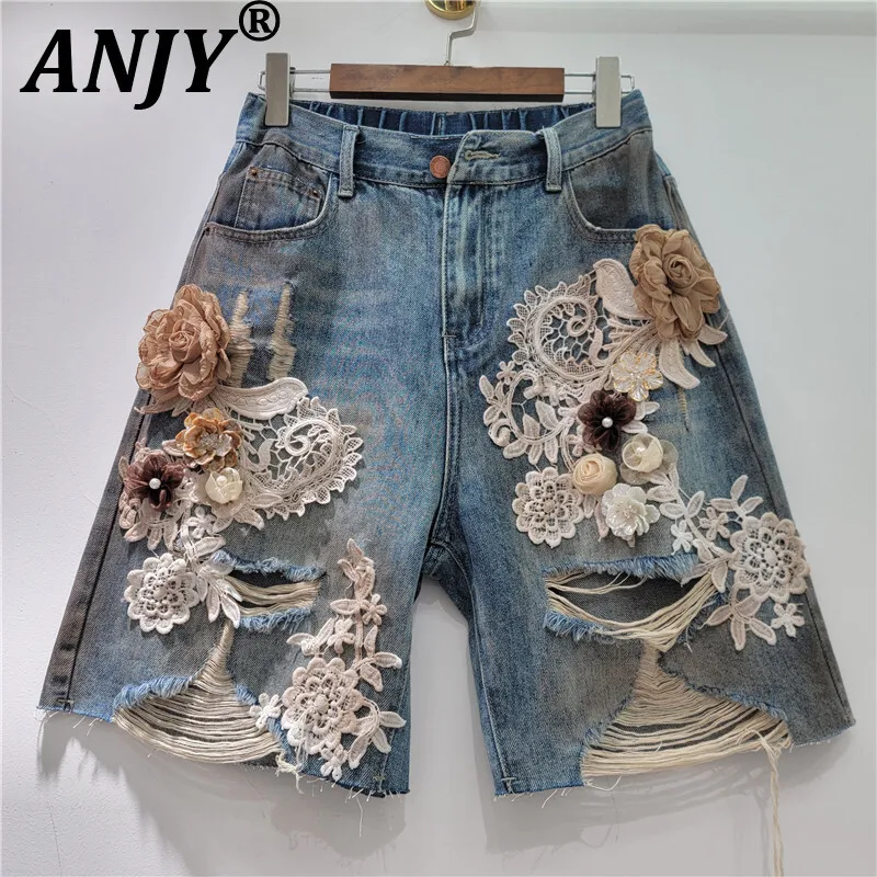 

ANJY Summer New Women's Streetwear Trendy Lace Flower Patchwork Ripped Jeans Vintage Distressed Cropped Pants Denim Shorts A7776