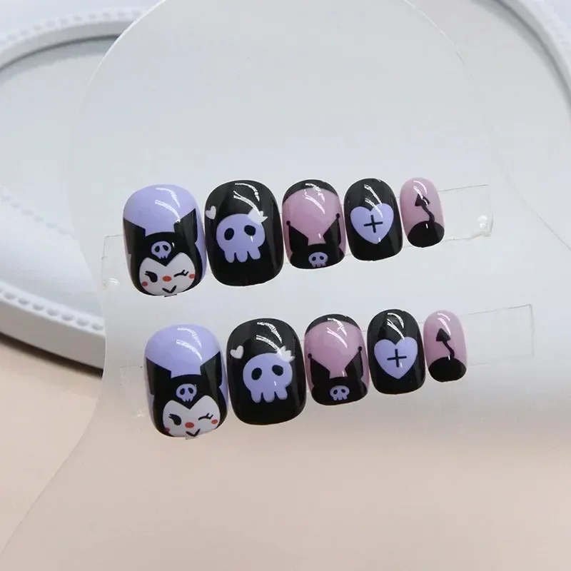 Sanrio Kuromi Fake Nails Cute Cartoon Anime Kuromi Nail Sticker Removable Nail Patch Fashion Personality Children Halloween Gift