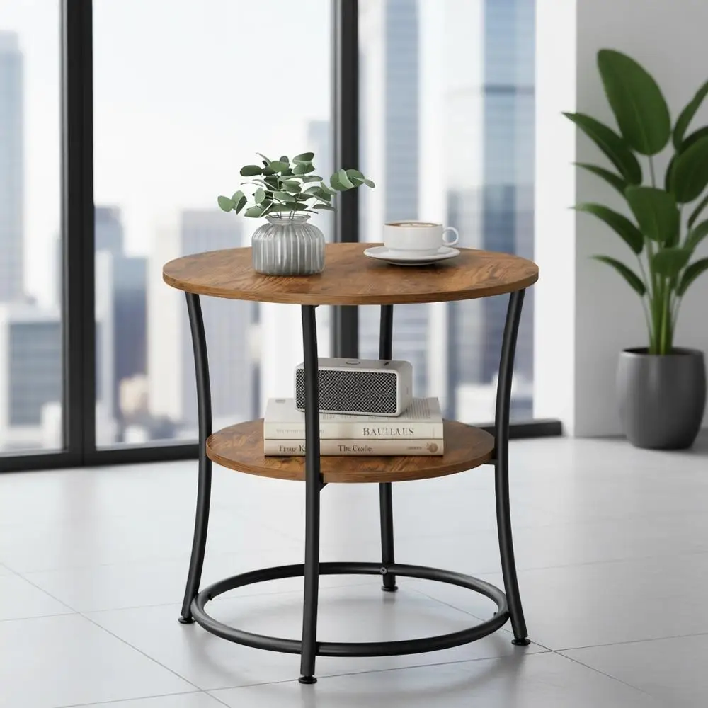 

21.7 Two-Tier Round Side Table, Nightstand for Small Spaces, Rustic Brown & Ink Black